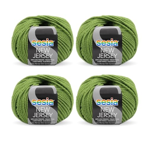 SESIA New Jersey Strickgarn, 4 Knäuel à 50 g, 82 m, Nadelstärke 5 – 5,5 mm, 100 % Merinowolle, einlaufsicher, hergestellt in Italien (0249 Pistazie, 4 Knäuel) von Sesia