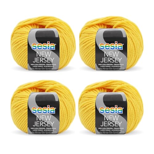 SESIA New Jersey Strickgarn, 4 Knäuel à 50 g, 82 m, Nadelstärke 5 – 5,5 mm, 100 % Merinowolle, einlaufsicher, hergestellt in Italien (0254 Gelb, 4 Knäuel) von Sesia