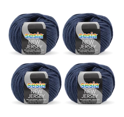 SESIA New Jersey Strickgarn, 4 Knäuel à 50 g, 82 m, Nadelstärke 5 – 5,5 mm, 100 % Merinowolle, einlaufsicher, hergestellt in Italien (0884 Oltremara, 4 Knäuel) von Sesia