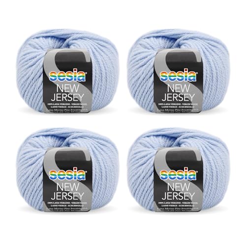 SESIA New Jersey Strickgarn, 4 Knäuel à 50 g, 82 m, Nadelstärke 5 – 5,5 mm, 100 % Merinowolle, einlaufsicher, hergestellt in Italien (1821 Hellblau, 4 Knäuel) von Sesia