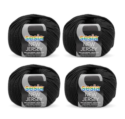 SESIA New Jersey Strickgarn, 4 Knäuel à 50 g, 82 m – Nadeln 5 – 5,5 mm – 100 % Merinowolle – Made in Italy 0067 Schwarz, 4 Knäuel) von Sesia