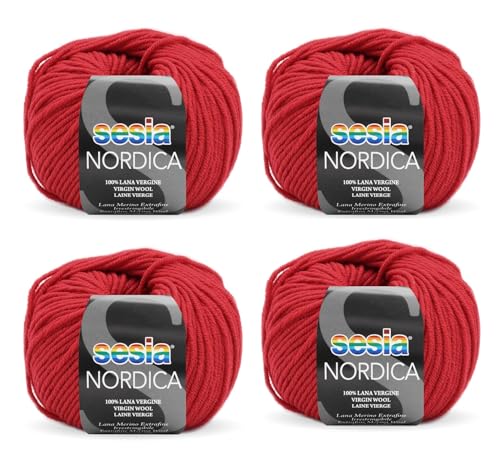 SESIA Nordic Garn, 4 Knäuel à 50 g, 125 m, Nadeln 4 – 4,5 mm, 100 % Merinowolle, einlaufsicher, hergestellt in Italien (0163 Blutrot, 4 Knäuel) von Sesia