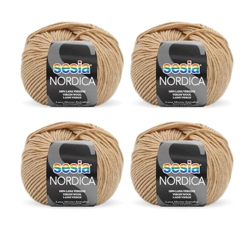 SESIA Nordic Garn, 4 Knäuel à 50 g, 125 m, Nadeln 4 – 4,5 mm, 100 % Merinowolle, einlaufsicher, hergestellt in Italien (1468 Kamel, 4 Knäuel) von Sesia
