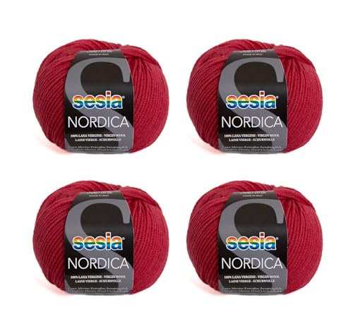 SESIA Nordic Garn, 4 Knäuel à 50 g, 125 m, Nadeln 4 – 4,5 mm, 100 % Merinowolle, einlaufsicher, hergestellt in Italien (1504 Geranie, 4 Knäuel) von Sesia