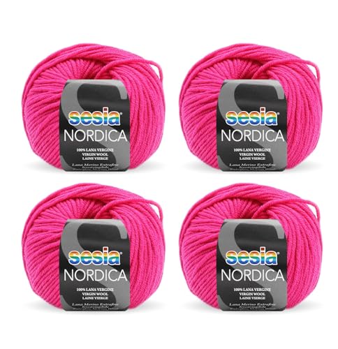 SESIA Nordic Garn, 4 Knäuel à 50 g, 125 m, Nadelstärke 4 – 4,5 mm, 100 % Merinowolle, einlaufsicher, hergestellt in Italien (2862 Magenta, 4 Knäuel) von Sesia