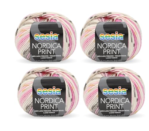 SESIA Nordic Print-Garn – 4 Knäuel à 50 g – Nadeln 4 – 4,5 mm – Häkelnadel 3,5 – 4 – 100 % extrafeine Merinowolle, einlaufsicher, hergestellt in Italien (0179 Cyclamino) von Sesia