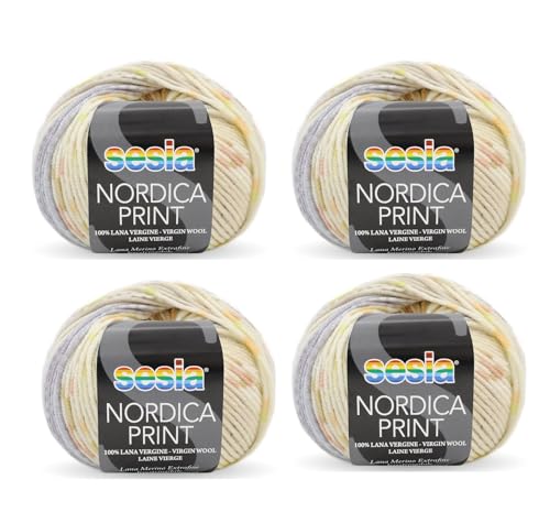 SESIA Nordic Print Garn – 4 Knäuel à 50 g – Nadeln 4 – 4,5 mm – Häkelnadel 3,5 – 4 – 100 % extrafeine Merinowolle, einlaufsicher, hergestellt in Italien (1353 Stein) von Sesia