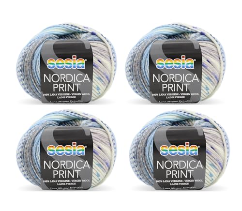 SESIA Nordic Print Garn – 4 Knäuel à 50 g – Nadeln 4 – 4,5 mm – Häkelnadel 3,5 – 4 – 100 % extrafeine Merinowolle, einlaufsicher, hergestellt in Italien (1354 Wasser) von Sesia