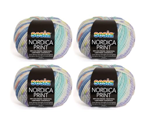 SESIA Nordic Print-Garn – 4 Knäuel à 50 g – Nadeln 4 – 4,5 mm – Häkelnadel 3,5 – 4 – 100 % extrafeine Merinowolle, einlaufsicher, hergestellt in Italien (2801 Laguna) von Sesia