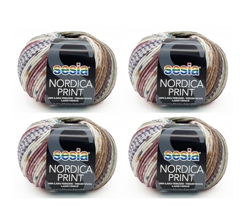 SESIA Nordic Print-Garn – 4 Knäuel à 50 g – Nadeln 4 – 4,5 mm – Häkelnadel 3,5 – 4 – 100 % extrafeine Merinowolle, einlaufsicher, hergestellt in Italien (4808 Tundra) von Sesia