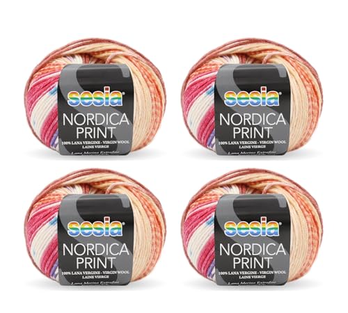 SESIA Nordic Print-Garn – 4 Knäuel à 50 g – Nadeln 4 – 4,5 mm – Häkelnadel 3,5 – 4 – 100 % extrafeine Merinowolle – nicht einlaufend – Made in Italy (4355 verbrannt) von Sesia