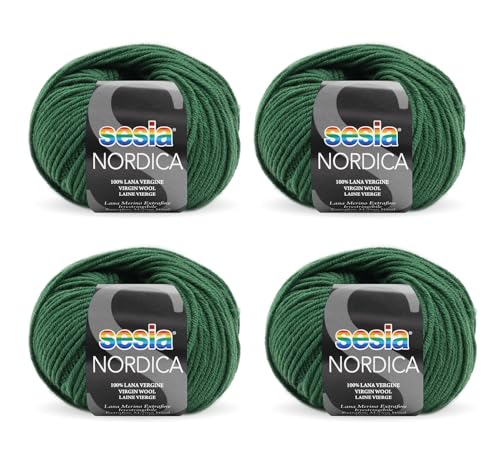 SESIA Nordica Strickgarn, 4 Knäuel à 50 g, 125 m, Nadeln 4 – 4,5 mm, 100 % Merinowolle, einlaufsicher, hergestellt in Italien (3796 Heckengrün, 4 Knäuel) von Sesia