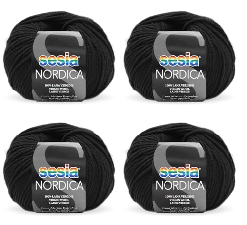 SESIA Nordica Strickgarn, 4 Knäuel à 50 g, 125 m – Nadeln 4 – 4,5 mm – 100 % Merinowolle – Made in Italy (0067 Schwarz, 4 Knäuel) von Sesia