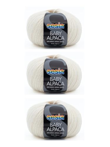 Sesia Baby Alpaka Garn – 3 Knäuel à 50 g – Nadeln 3 – 3,5 mm – Häkelnadel 2,5 – 3 – 100 % Baby Alpaka – Made in Italy (0207 Creme, 3 Knäuel) von Sesia