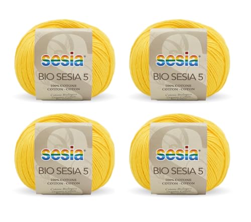 Sesia Bio-Garn SESIA 5-4, Knäuel à 50 g, 180 m – Nadeln 2,5 – 3 mm – 100 % merzerisierte Bio-Baumwolle – Made in Italy (0372 Ockergelb, 4 Knäuel) von Sesia