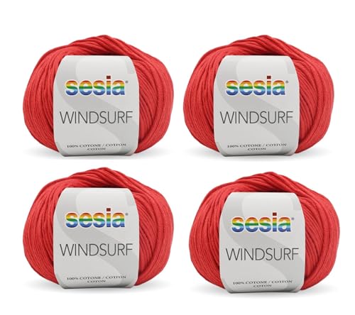 Sesia Windsurf Garn – 4 Knäuel à 50 g – Nadeln 3,5 – 4 mm – Häkelnadel 3 – Made in Italy (0063 Rot 4 Knäuel) von Sesia