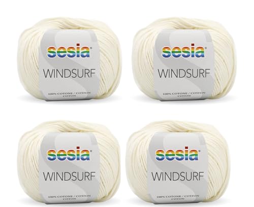 Sesia Windsurf Garn – 4 Knäuel à 50 g – Nadeln 3,5 – 4 mm – Häkelnadel 3 – Made in Italy (0080 Elfenbein, 4 Knäuel) von Sesia