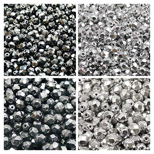 300 Stück Tschechische Fire-Polished Glasperlen Rund 4mm, 6mm, Zwei Farben: Jet Hämatit, Silber Metallisch von Set Glasperlen Fire-Polished