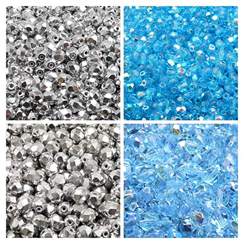 Set aus Tschechische Facettierte Glasperlen Fire-Polished Rund 4mm, 6mm, Zwei Farben: Silber Metallisch und Aquamarin AB. Insgesamt 300 Stück. Schmuckherstellung Set. Set aus Tschechische Facettierte Glasperlen Fire-Polished Rund 4mm, 6mm, Zwei Farben: Silber Metallisch und Aquamarin AB. Insgesamt 300 Stück. Schmuckherstellung Set. von Set Glasperlen Fire-Polished