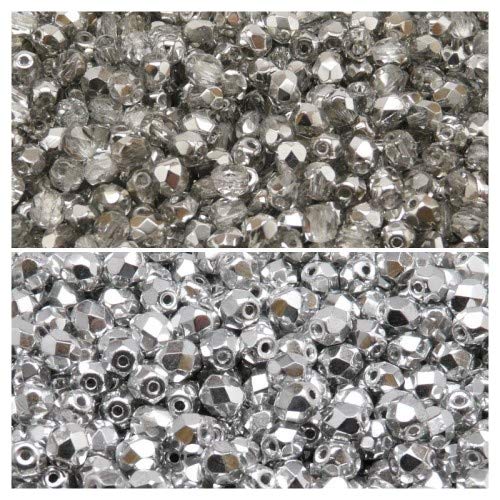 Tschechische Facettierte Glasperlen, Fire-Polished, Rund 4 mm. Zwei Farben: Crystal Labrador, Silver Metallic. Nur 400 Perlen. Set 4S FP 207 (4FP007 4FP033) von Set Perles Fire-Polished