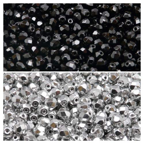 Tschechische Facettierte Glasperlen, Fire-Polished, Rund 4 mm. Zwei Farben: Jet Black, Silver Metallic. Nur 400 Perlen. Set 4S FP 214 (4FP001 4FP033) von Set Perles Fire-Polished