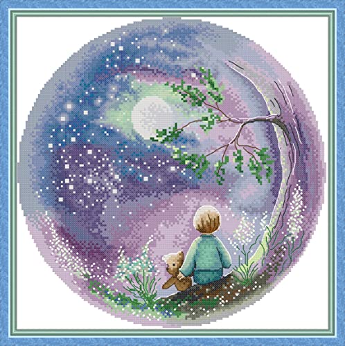 Setoda Kreuzstich-Set DMC Stickgarn, Figurenmuster, 14-fädiges, unbedrucktes Muster, Sticksets (gezählte Kits, Blick auf den Mond, 14-fädig, 34 x 34 cm) von Setoda