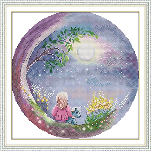 Setoda Kreuzstich-Set DMC Stickgarn, Figurenmuster, 14-fädiges, unbedrucktes Muster, Sticksets (gezählte Kits, Blick auf den Mondhimmel, 14 CT, 34 x 34 cm) von Setoda