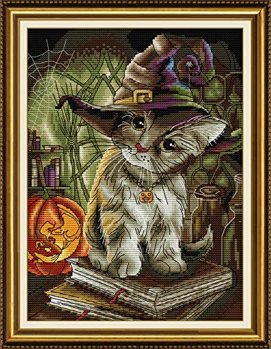 Setoda Kreuzstich-Set DMC Stickgarn, Figurenmuster, unbedrucktes Muster, Sticksets (gezählte Kits, Katzenmagier 14 fädig, 24 x 32 cm) von Setoda