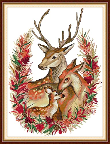 Setoda Kreuzstich-Set DMC Stickgarn, Figurenmuster, unbedrucktes Muster, Sticksets (gezählte Kits, Weihnachtshirschfamilie, 14 fädig, 36 x 47 cm) von Setoda
