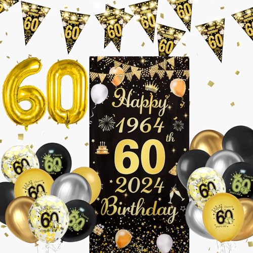 Seutgjie 60 Geburtstag Deko für Mann Frauen Lange Banner Hintergrund Luftballons und LED Lichtstreifen 1964 bis 2024 von Seutgjie