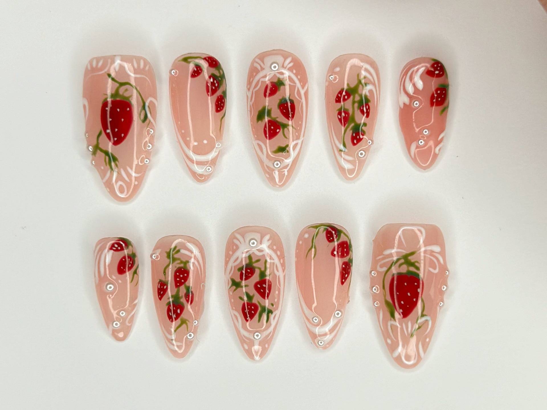 Rosa Erdbeer Garten Nägel | Heben Sie Sich Hervor Mit 3D Gel Nail Set Blumen - Und Erdbeermuster Verträumter Zum Greifen Nah Jc271S Rosa Erdbeer Garten Nägel | Heben Sie Sich Hervor Mit 3D Gel Nail Set Blumen - Und Erdbeermuster Verträumter Zum Greifen Nah Jc271S von SevenNailArt