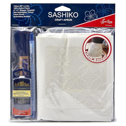 Sew Easy Sashiko Kit - 65 x 35 cm Basteln Sie Ihre eigene Schürze, komplettes Set mit Faden, Stoffvorlagen, Bleistiftnadeln, Anleitung (evtl. nicht in deutscher Sprache) von Sew Easy