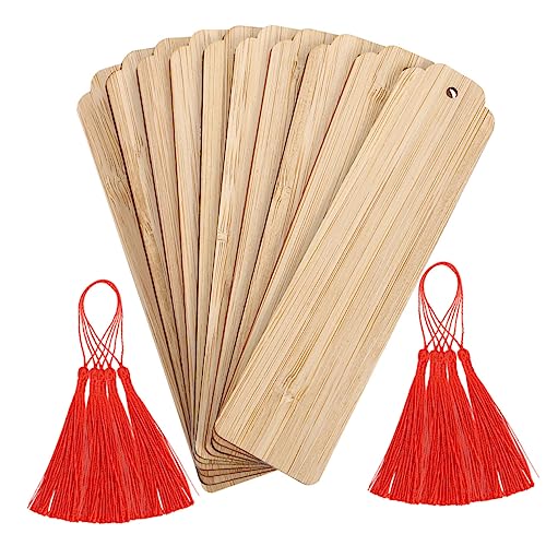 Sewroro 10 Sätze Blanko Lesezeichen aus Holz Selbstgestalten Rechteckige Diy Seitenmarker mit Roten Quasten Vielseitig für Basteln Geschenkanhänger und Dekoration als Personalisierte von Sewroro