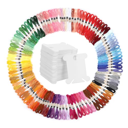 Sewroro 100 Stück Teiliges Stickgarn mit Weißen Stickgarn Karten Weiche Baumwollfäden in Leuchtenden Farben Praktischer Bobbins zur Einfachen Organisation für Freundschaftsbänder und Sewroro 100 Stück Teiliges Stickgarn mit Weißen Stickgarn Karten Weiche Baumwollfäden in Leuchtenden Farben Praktischer Bobbins zur Einfachen Organisation für Freundschaftsbänder und von Sewroro