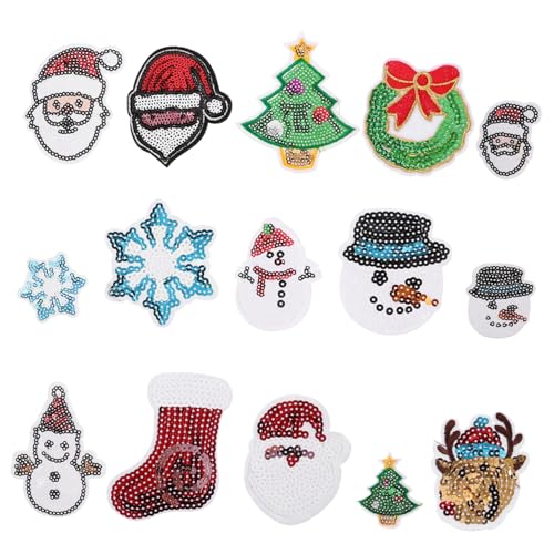 Sewroro 15 Stück Teiliges Weihnachts bügelpatch Glitzernden Schneeflocken Rentier Schneemann und Santa Bestickte Pailletten applikationen zum Aufbügeln und Aufnähen für DIY Kleidung von Sewroro