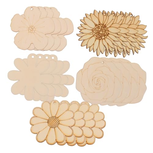 Sewroro 20 Stück Unfertige Holzblumen Figuren zum Bemalen DIY Handgefertigte Sonnenblumen Anhänger mit Juteschnur für Bastelprojekte und Wohnaccessoires von Sewroro