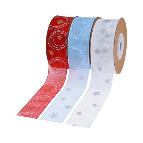 Sewroro 3 Rollen Weihnachtsband mit Sternmuster Vielseitiges Geschenkband aus Polyester in Weiß Blau und Rot Festliche Schleifen für Geschenkverpackung Partydekoration und DIY von Sewroro