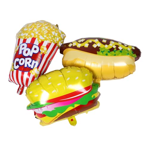 Sewroro 3 Stück Popcorn Folienballons mit Hot Dog Hamburger Lebendige Partydekoration für Kindergeburtstag Kinoabend Karneval Vielseitige Langlebige Luftballons für Drinnen und Draußen von Sewroro
