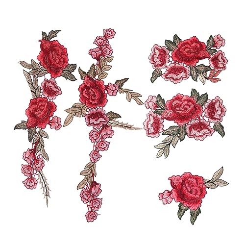 Sewroro 5 Stück Teiliges Wasserlösliche Bestickte Applikations Patches Rote Blumen Diy Näh Patches zum Aufnähen für Jacken Jeans Rucksäcke Langlebig und Einfach zu Verwenden von Sewroro