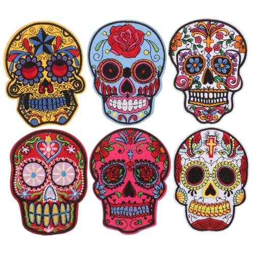 Sewroro 6 Stück Teiliges Skull Aufnäher Gestickte Halloween Applikationen Bügelbare Dekoration für Kleidung Taschen und Hüte Strapazierfähigem Gefertigt von Sewroro