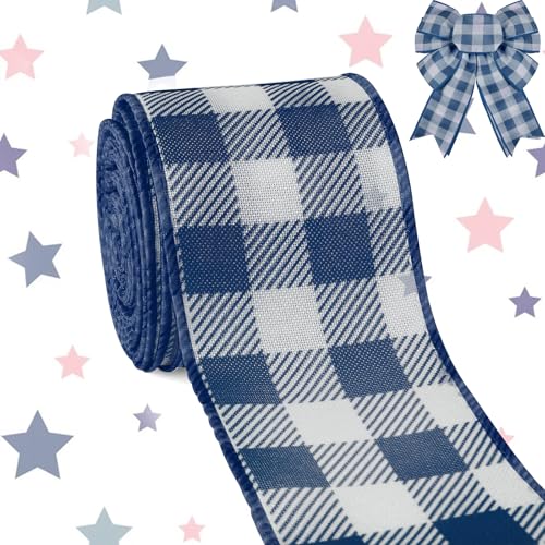 Patriotisches Sommerband mit Draht, marineblaues Gingham-Stoffband, kariertes Band für Schleife, Kranz, Zubehör, Geschenke, Verpackung, Basteln, 4. Juli, Party-Dekoration, Babyparty, Geburtstag, 6,3 von Sfoni