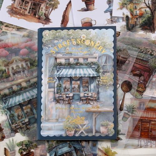 Sgbvzbd Street Scenery Themen-Aufkleber, Scrapbooking-Zubehör für Junk-Tagebuch, 54 Blatt, Washi-PET-Aufkleber, Vintage-Journaling-Zubehör, Ephemera-Aufkleberbuch, vorgeschnitten (TZ-001-004) von Sgbvzbd