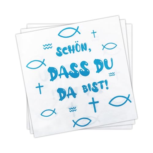 Servietten Fisch Blau Kommunion Deko - 20 Stück 33 x 33cm Papierservietten mit Spruch Schön Dass Du Da Bist, Servietten Taufdeko Tisch Deko für Junge Konfirmation Kommunion Taufe Tischdeko (Blau) von Sgehenr