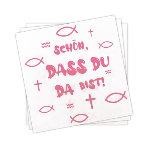 Servietten Fisch Rosa Kommunion Deko - 20 Stück 33 x 33cm Papierservietten mit Spruch Schön Dass Du Da Bist, Servietten Taufdeko Tisch Deko für Mädchen Konfirmation Kommunion Taufe Tischdeko (Rosa) von Sgehenr