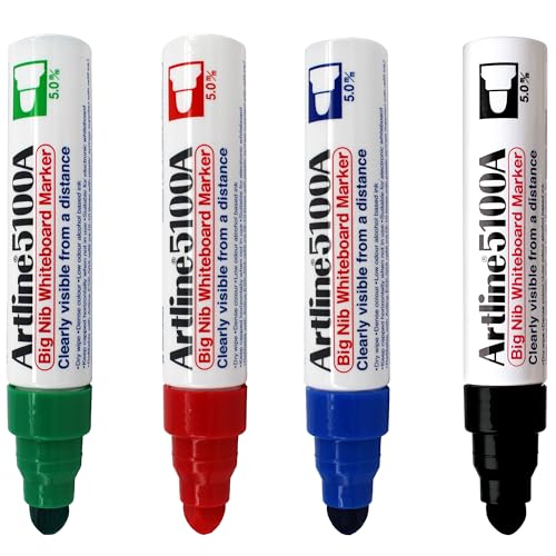 Artline 5100A Magnum Whiteboard-Marker mit großer Spitze, extra dicke 5,0 mm Rundspitze, Schreiben ist aus großer Entfernung lesbar, trocken abwischbar, geruchsarm, 4er-Pack: Schwarz, Rot, Blau, Grün von Shachihata