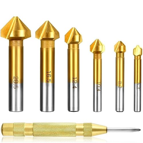 Shallho 6 tlg 90°Kegelsenker Satz HSS Senker Set, Titan-Beschichtungen Ø 6,3-20,5 mm Senkbohrer mit 1 Stück Messing Automatische Center Bohrer Punch Shallho 6 tlg 90°Kegelsenker Satz HSS Senker Set, Titan-Beschichtungen Ø 6,3-20,5 mm Senkbohrer mit 1 Stück Messing Automatische Center Bohrer Punch von Shallho