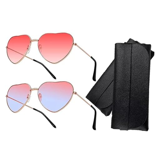 2 Pack Herz Sonnenbrille, Weinsamkeit Hippie Gläser Damen, Retro Kostüm Brille Mit zwei Brillenetuis für Kinder Herren Damen 60er 70er 80er 90er Party Hippie Chic(Rosa， Rosa Blau Farbverlauf) von Shalwinn