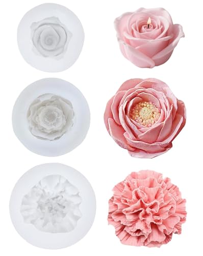 3 Stück Silikonformen Gießformen Blumen,Kerzen Formen Silikon Blumen,Rose Blumen Silikonform,Nelke Pfingstrose Silikonformen,Kerzenformen zum Gießen Blumen,für Schokolade Kunsthandwerk Dekorationen von Shalwinn