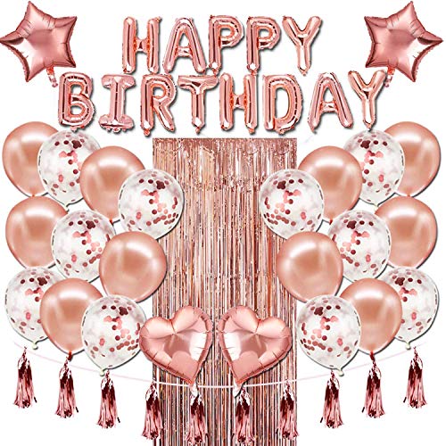 Geburtstagsdeko Rosegold Happy Birthday Girlande Konfetti Ballons Tischdecke Glitzer Vorhang Konfetti Herz Stern Folienballon von Shalwinn