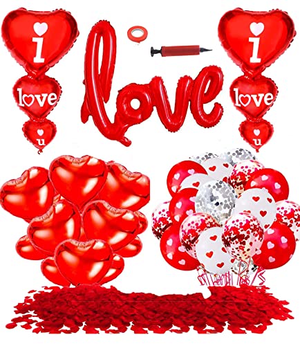 Valentinstag Dekoration Set , Rote Love Luftballons Romantisch Deko Love Folienballon Rote Herz Helium Folienballon Konfetti Ballon Dekoration Rote Rosenblüten von Shalwinn